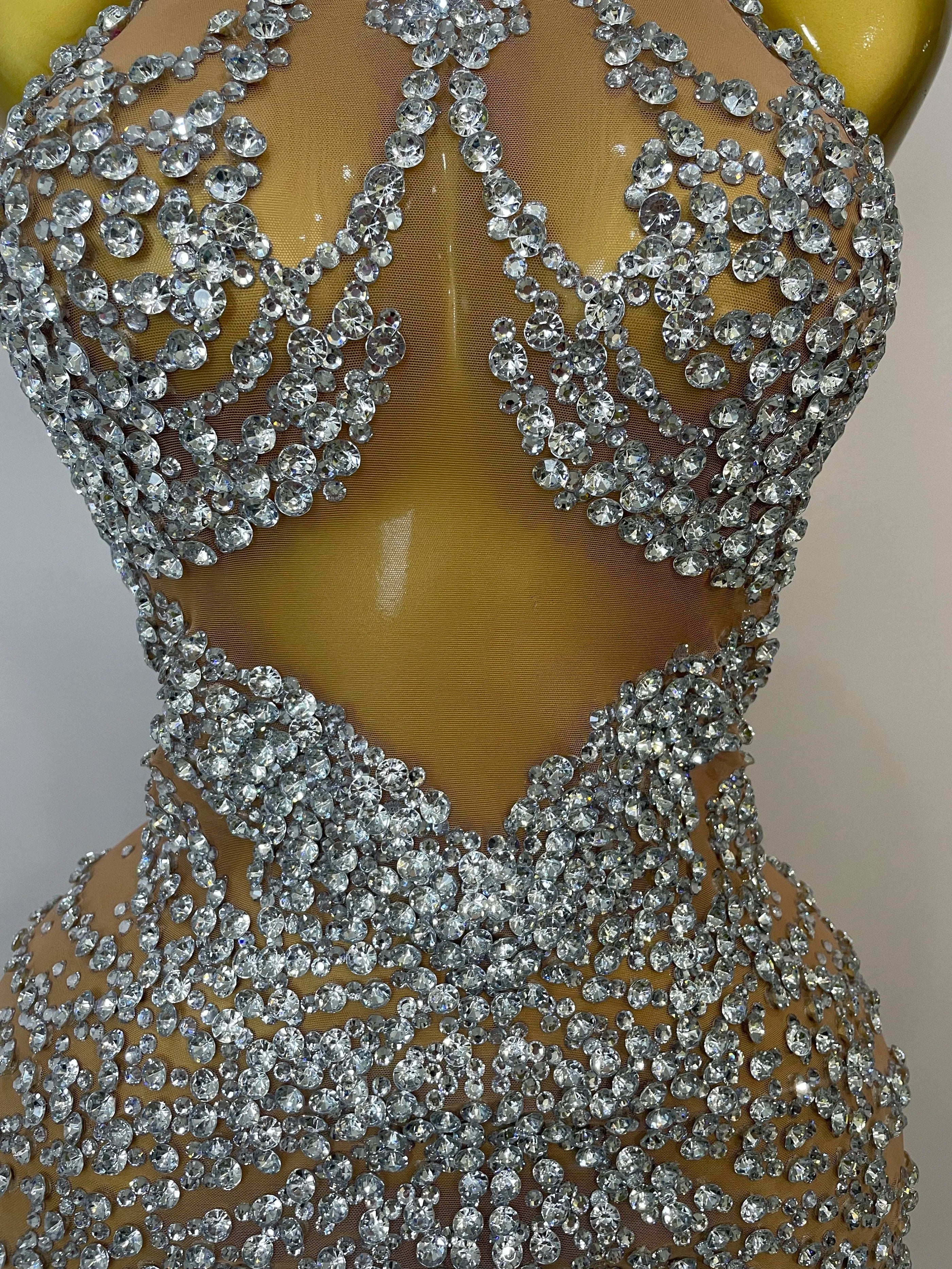 Sparkly Rhinestones Sexy Mesh See Through Dress Party Evening Prom Celebrate Birthday Dress Singer Dancer Show Stage Wear