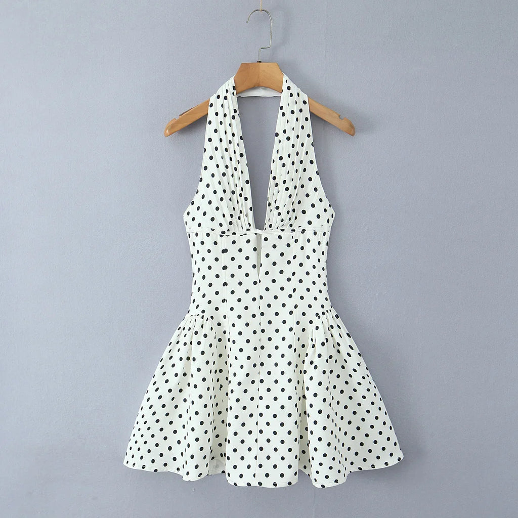 French Style Retro Polka Dot Deep V Halter Dress Women Sexy Backless A-line Slim Sweet Elegant Mini Dresses Summer Robe