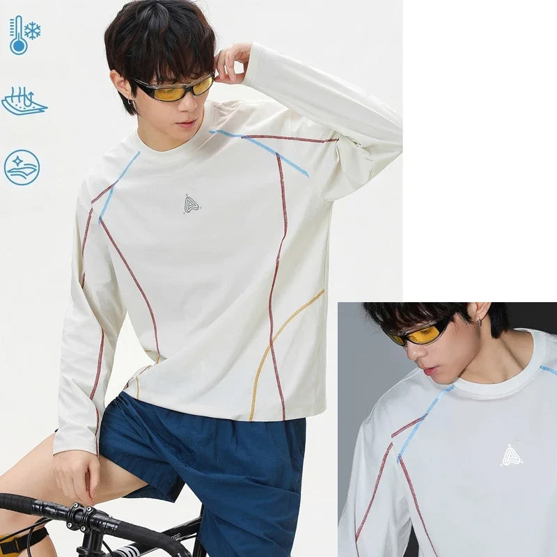 Men's Cool-Touch Contrast Stitch Long Sleeve T-Shirt – Loose Fit Moisture-Wicking Athletic Top for Autumn & Summer Sports