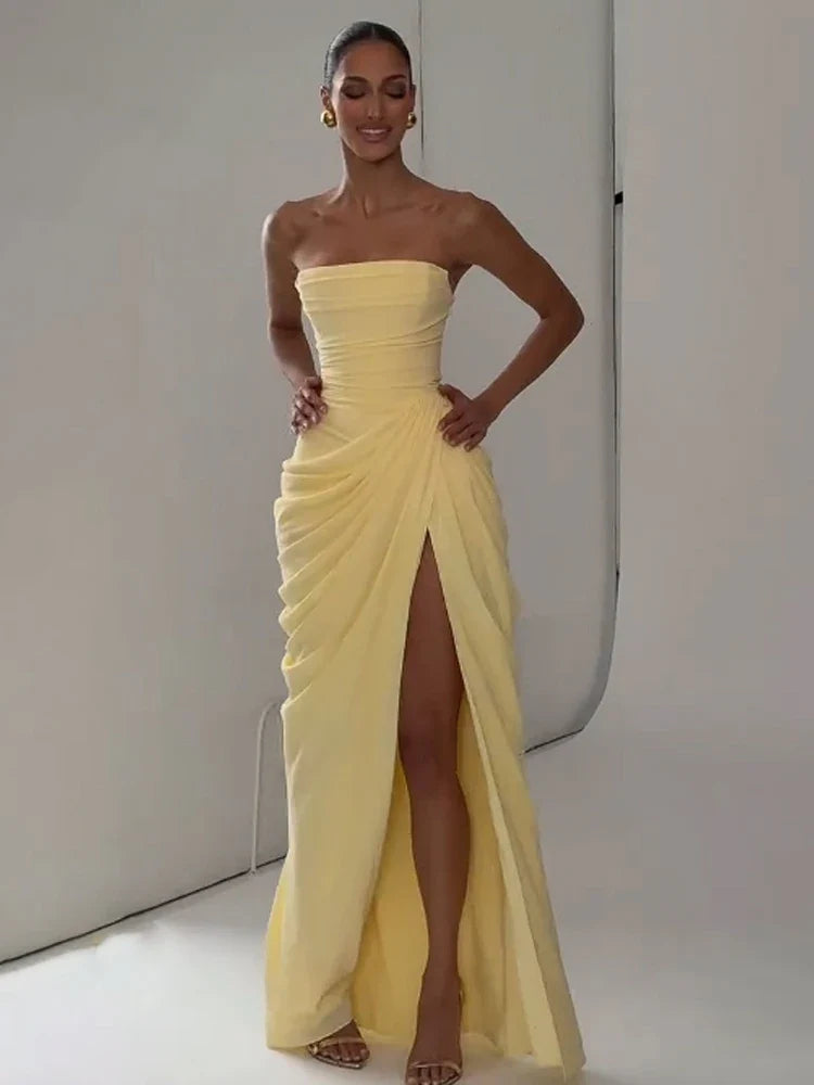 Elegant Solid Pleated Strapless Maxi Dress Yellow Off-shoulder Backless High Waist Split Robe 2026 New Lady Evening Party Gown