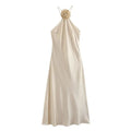 Flower Halter Dress Woman Off Shoulder Satin Long Dress