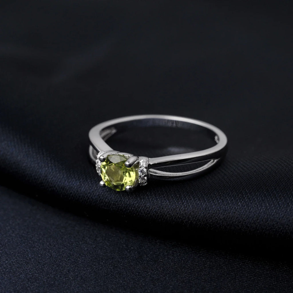 Round Genuine Natural Peridot 925 Sterling Silver Solitaire Ring for Woman Gemstone elegant Jewelry Valentine's day gift