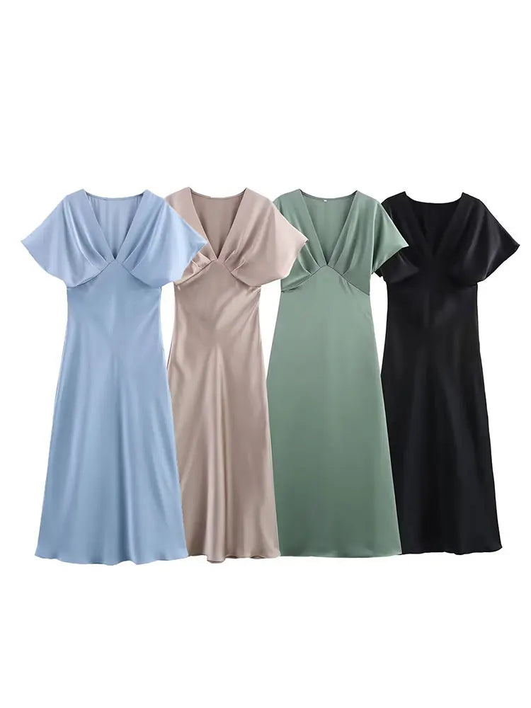 Women Elegant Solid Satin Dress Sexy V Neck Short Sleeve Midi Dress 2025 New Fashion Summer Lady Holidays Party Dress