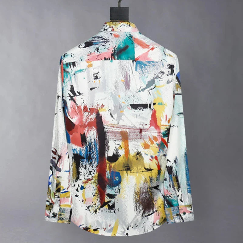 2025 Silk Shirt Men Fashion Graffiti Print Long Sleeve Casual Shirts Slim Social Streetwear Non Ironing Nightclub Stage Shirt