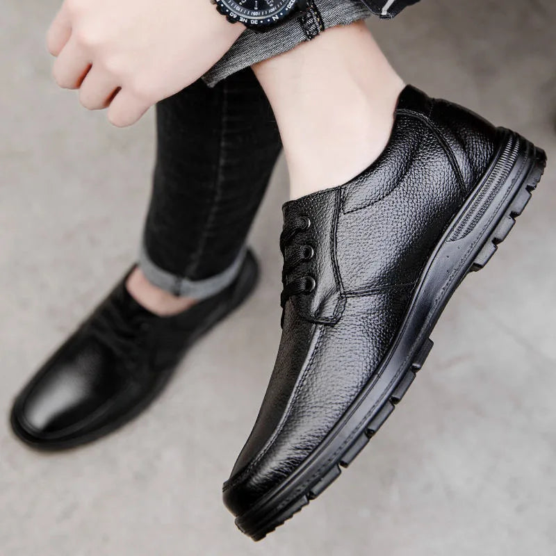 Genuine Leather Shoes Flat Mens Casual Shoes Cowhide Business Brand Male Footwear Soft Comfortable Black
