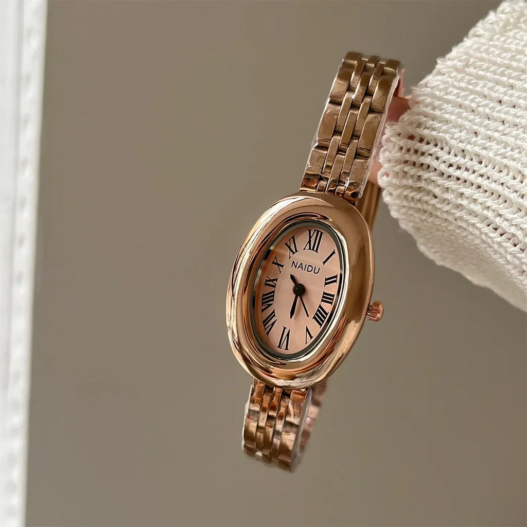 Hot Sale Fashion Watch for Women Mid Ancient Style Oval Dial Small Gold Watch Adjustable Steel Strap Quartz Wristwatch Wholesale