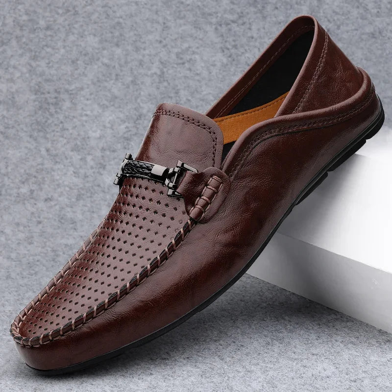Men Casual Summer Shoes Hollow Out Breathable Men's Driving Shoes High Quality Male Business Shoes 2024 Genuine Leather Loafers