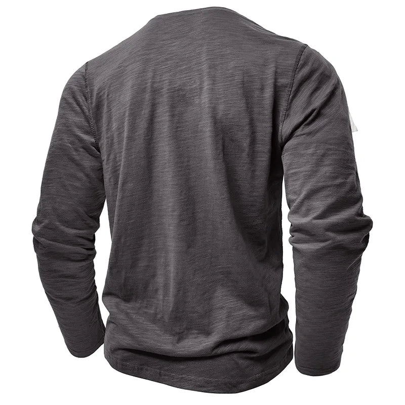 New Autumn Long Sleeve T-Shirt Mens Casual Solid Color Top Henley Neck Slim Versatile Work T-shirt Breathable Outdoor Thin Tee