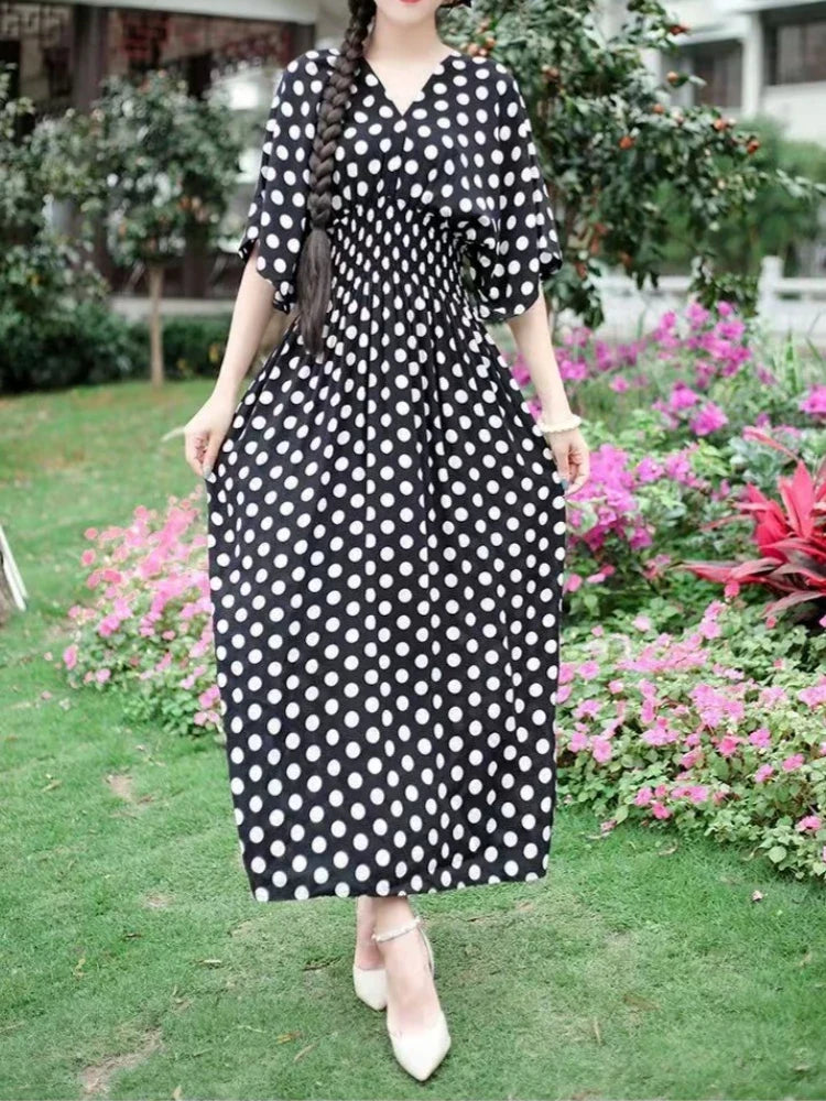 Colorful Flower V-neck Elastic Youthful Bohemian Sweet Midi Dress Woman Clothes Chic Fashion Summer Dresses 2025 Large Swing Ski
