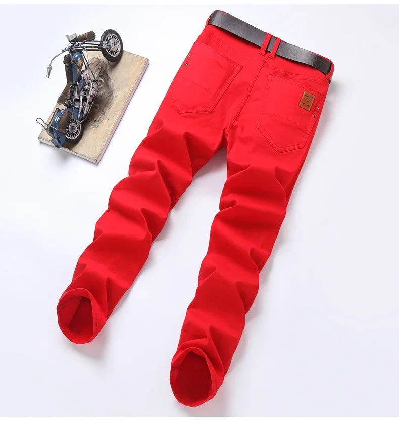 2024 Autumn New Men's Stretch Fit Jeans Bright Trendy Denim Straight-leg Trousers Male Red Lake Blue Yellow Trousers