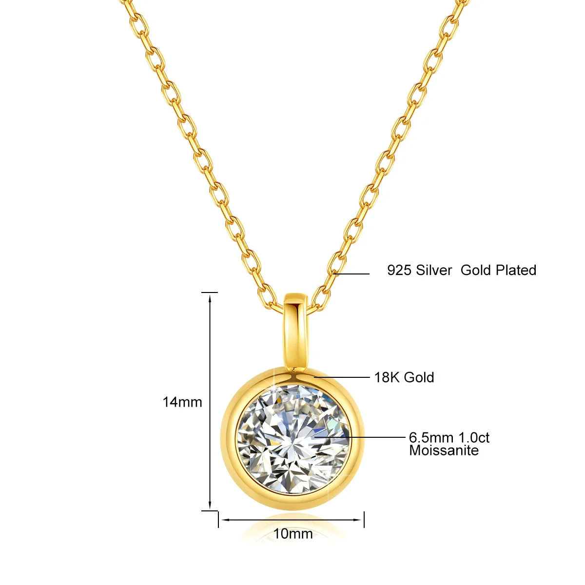 18K Gold 1 Carat Moissanite Pendant Real AU750 Minimalist Style Woman Solitaire Choker Engagement Wedding Gift Fine Jewelry