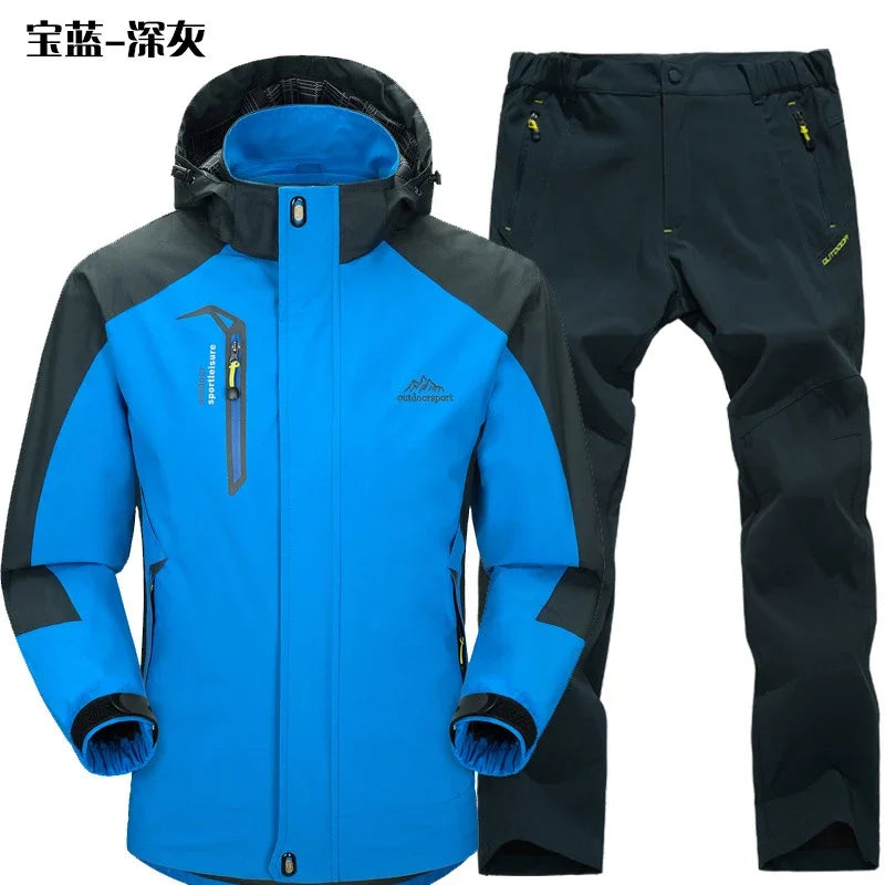Outdoor Jacket Pants Sets Men Fleece Thermal Waterproof Windproof Hooded Jackets Hiking Military Trip Mountain Camping Clothes