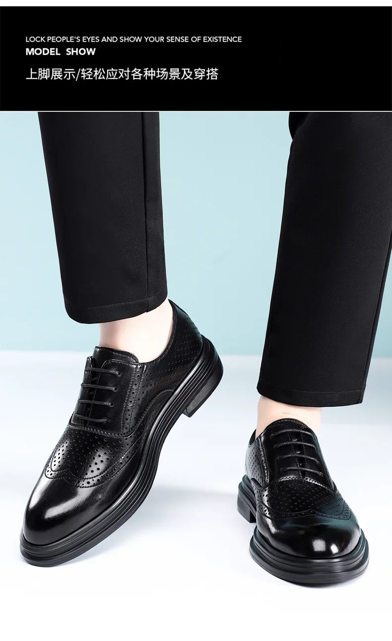 Spring Summer Hallow Leather Shoes for Men 3 6 8cm Increase Fashion Dress Shoes Male Black Business Casual Shoes Man