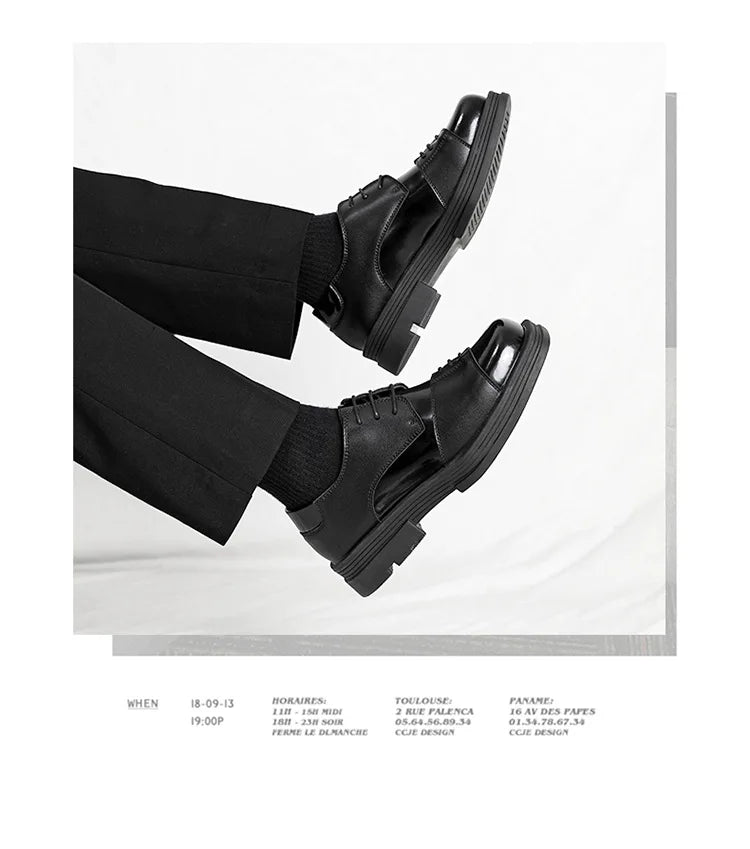 Men Genuine Leather Derby Shoes Vintage Square Toe Male Lace Up Platform Dress Shoes Black Business Footwear Wedding Shoes