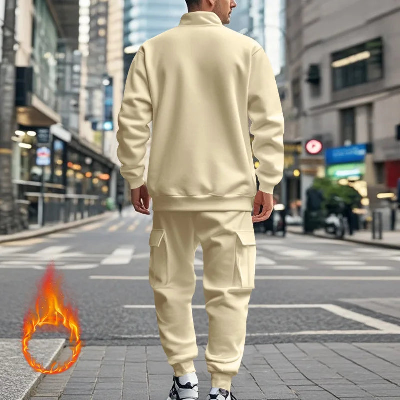 2024 autumn and winter men's casual velvet warm zipper sports trousers set