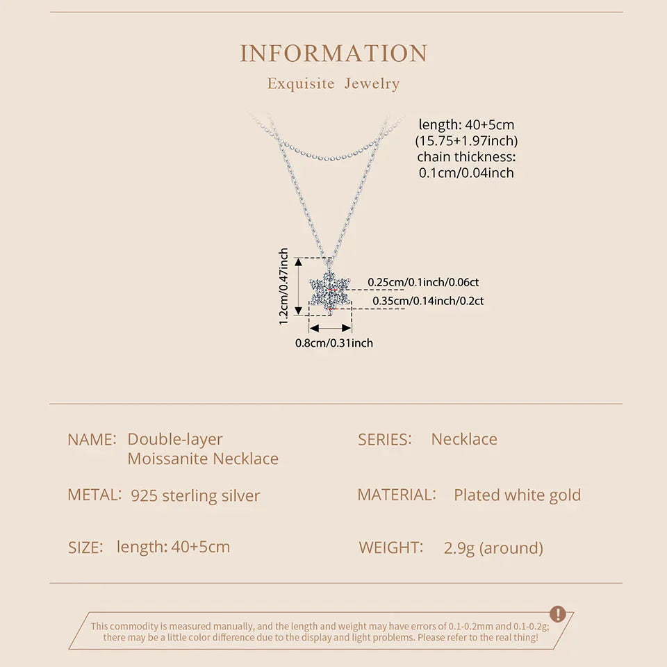 Double-layer Moissanite Necklace for Women, 925 Sterling Silver Snowflake Pendant Necklace for Women Dazzling Winter Gift