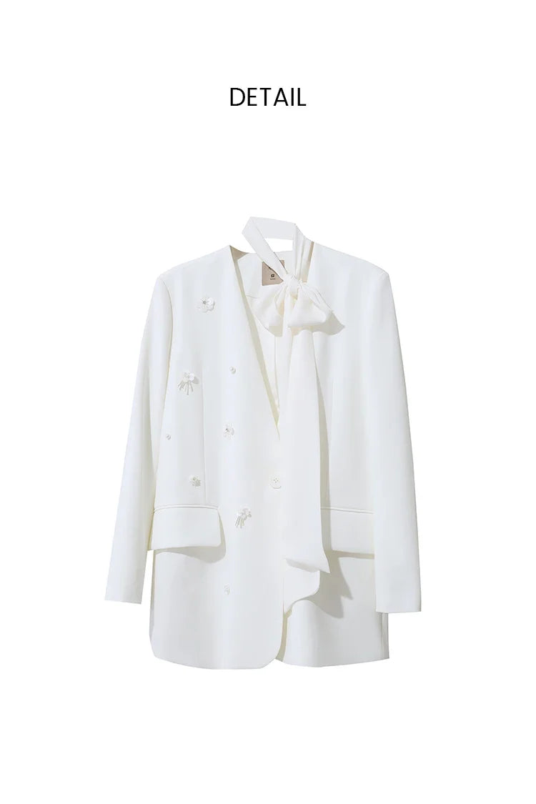 Amii Women's Jacket 2026 Autumn New Elegant Commuter Beaded Flower Chiffon Streamer Tie Blazers Solid Loose V-Neck Top 12641078