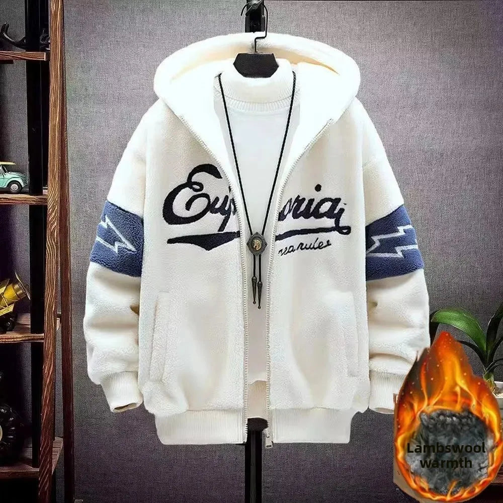 Lamb Velvet Fleece Lined Thickened Hoodie for Students Men's Casual Loose Fit Cotton Jacket Warm Outerwear Autumn Winter