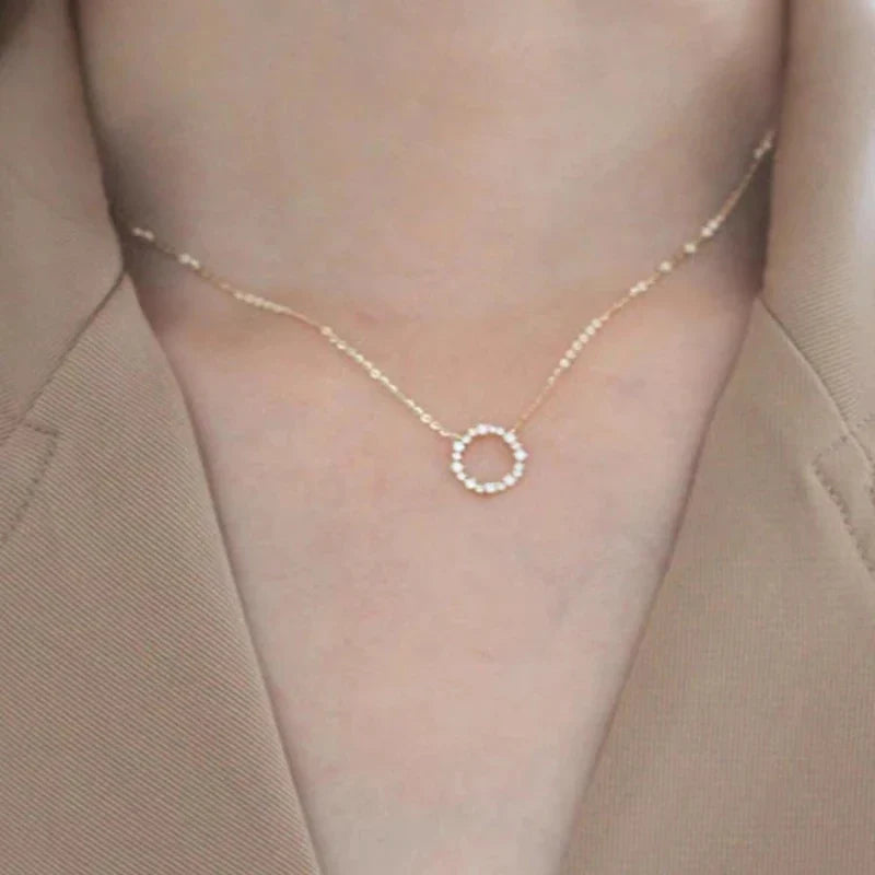 -100% S925 Sterling Silver Plated 18K Gold Necklace with Full Diamond Circle Style Japanese and Korean K Gold Collar Chain