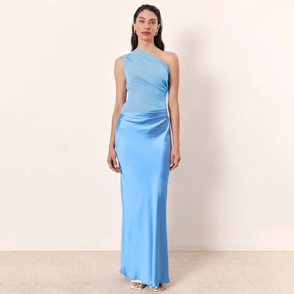 Patchwork Satin Sexy Dress Women One Shoulder Brown Sleeveless Evening Maxi Dress 2025 New Summer Elegant Party Clubwear Dresses