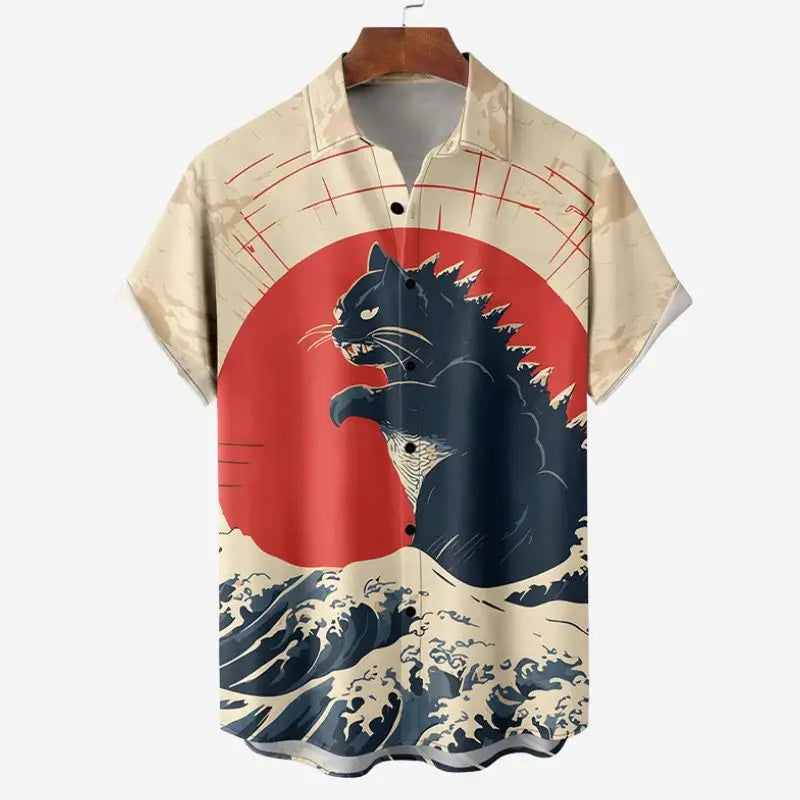 Men's Retro Short Sleeve Shirt Summer Casual Fun Hawaiian Ukiyoe Kitten Fishing Shark Print Lapel Short Sleeve Shirt