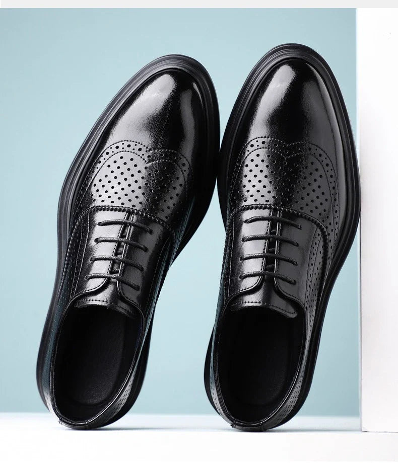 Spring Summer Hallow Leather Shoes for Men 3 6 8cm Increase Fashion Dress Shoes Male Black Business Casual Shoes Man