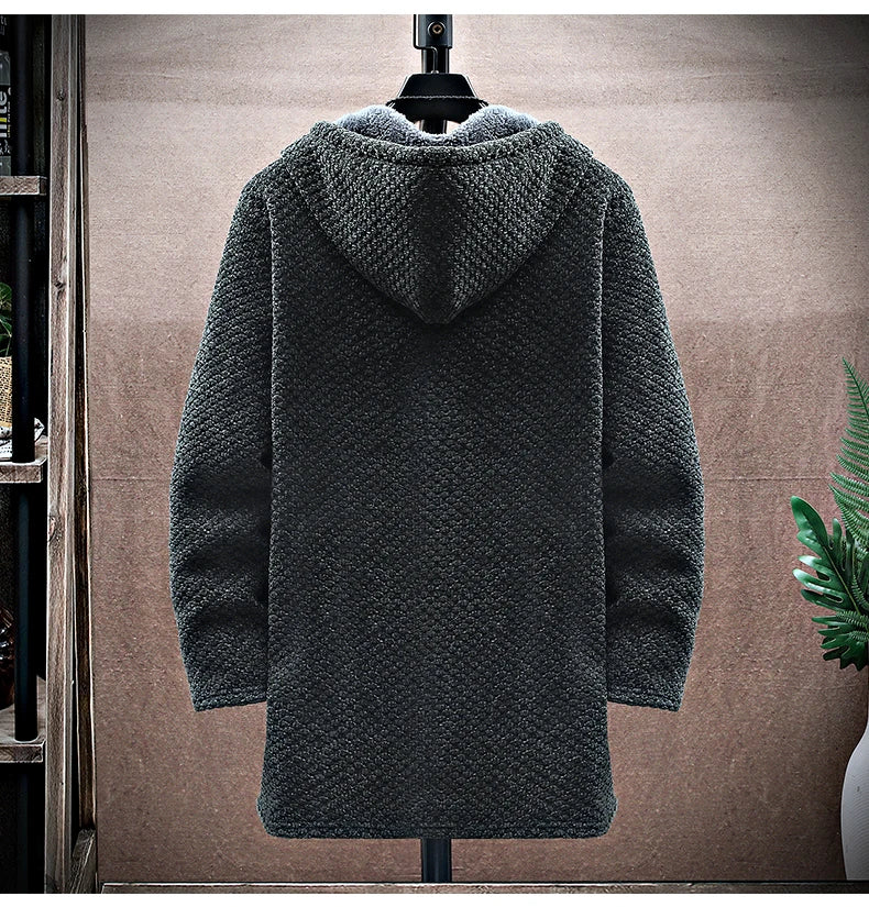 Men's Cardigan Cashmere Long Coat Sweaters with Hoods Autumn Winter New Fleece Warm Solid SweaterCoat Windbreaker Men Clothing
