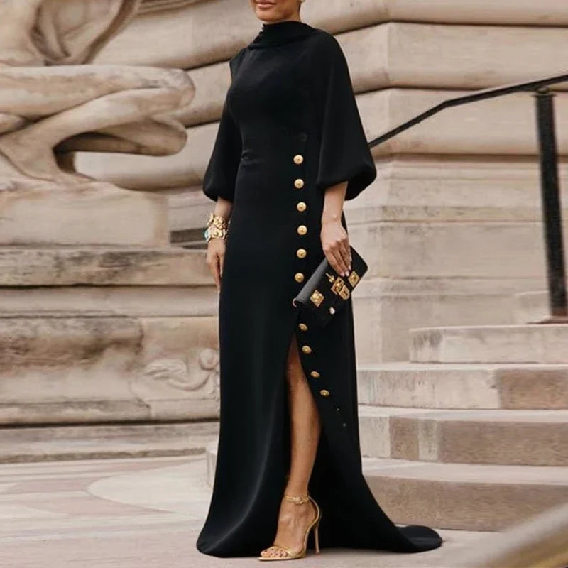 Wedding Prom Evening Gown Party Slit Maxi Dresses for Woman 2025 New Lace Up Gold Button Womens Black Autumn Long Dress