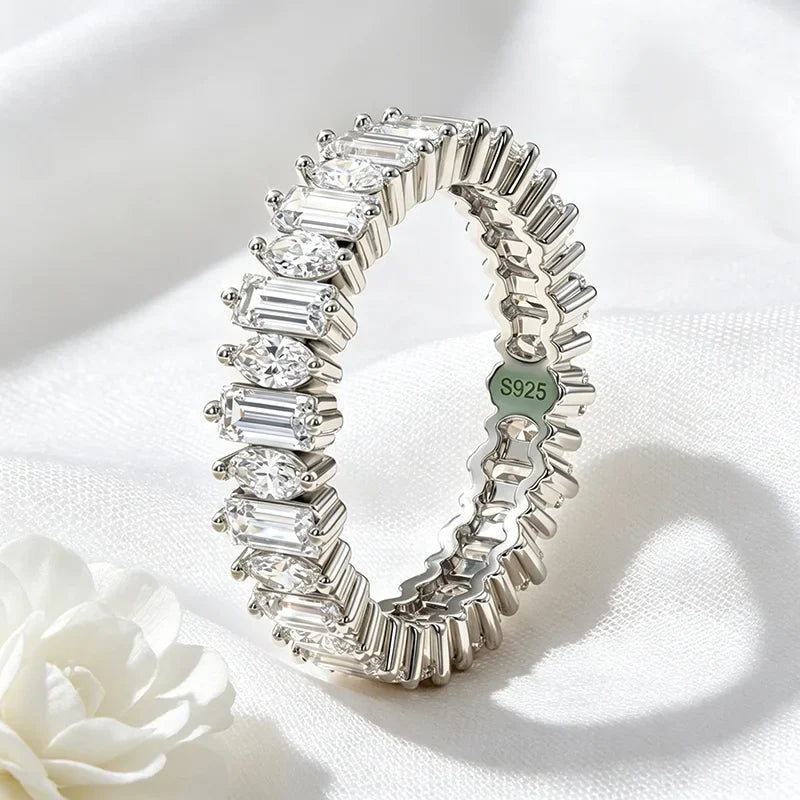 18k Plated 2*4mm Full Moissanite Rings for Women Emerald Cut Full Eternity Band S925 Sterling Silver Pass Diamond Tester