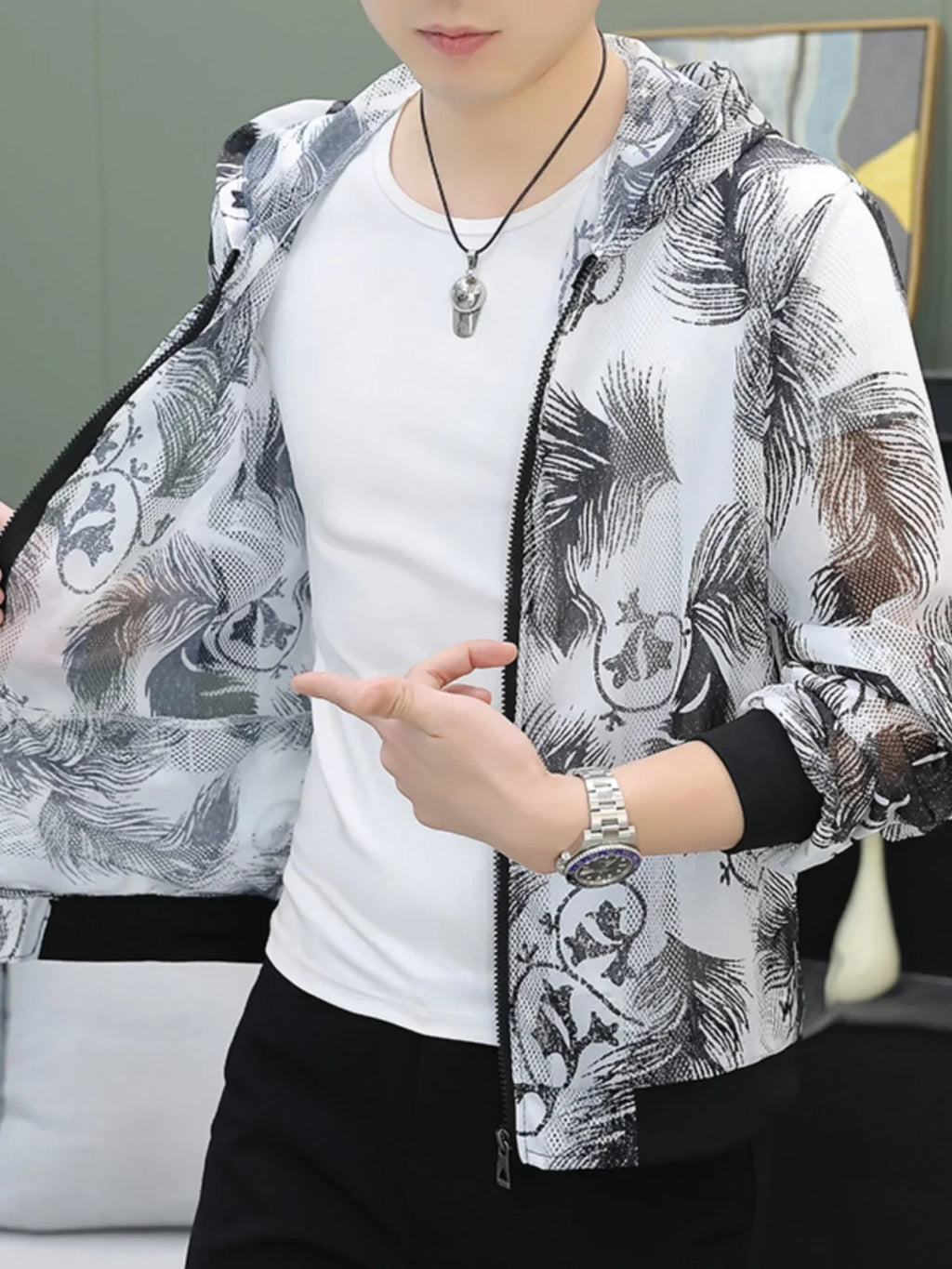 Men's Summer Mesh Sun Protection Clothing Trendy Stripe Print Ice Silk Cool Feeling Breathable Quick Dry Hooded Jacket