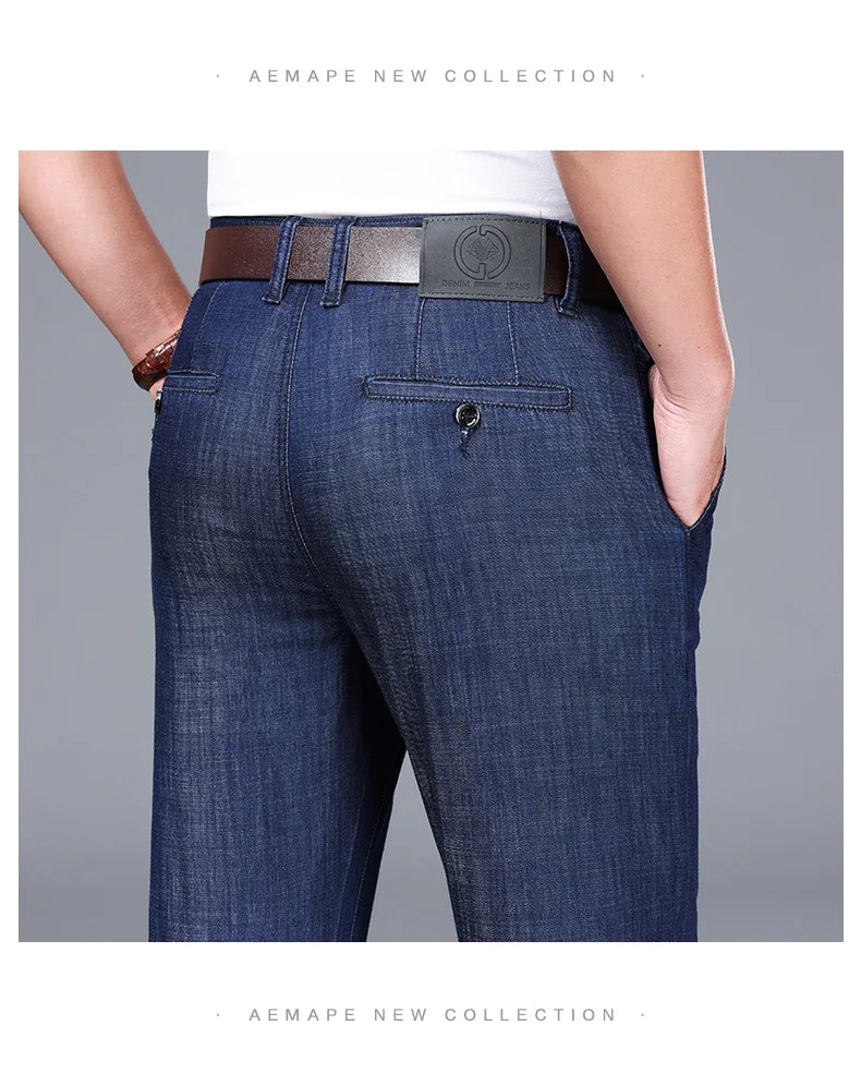 Modal Fabric Spring Summer Men's Black Thin Straight Jeans Classic Style Business Fashion Stretch Loose Jeans Male Brand