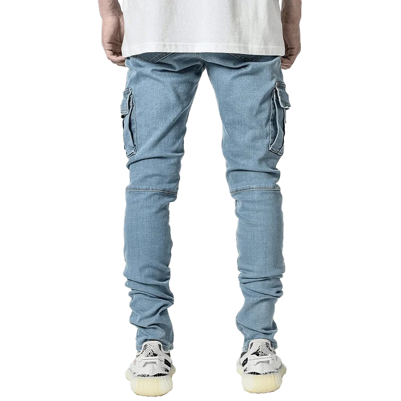 Jeans Men Black Cargo Pants Multi Pockets Blue Slim Fit Streetwear