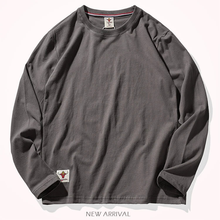Autumn American Retro Long Sleeve O-neck Solid Color T-shirt Men's Fashion Simple 100% Cotton Washed Old Casual Bottoming Tops