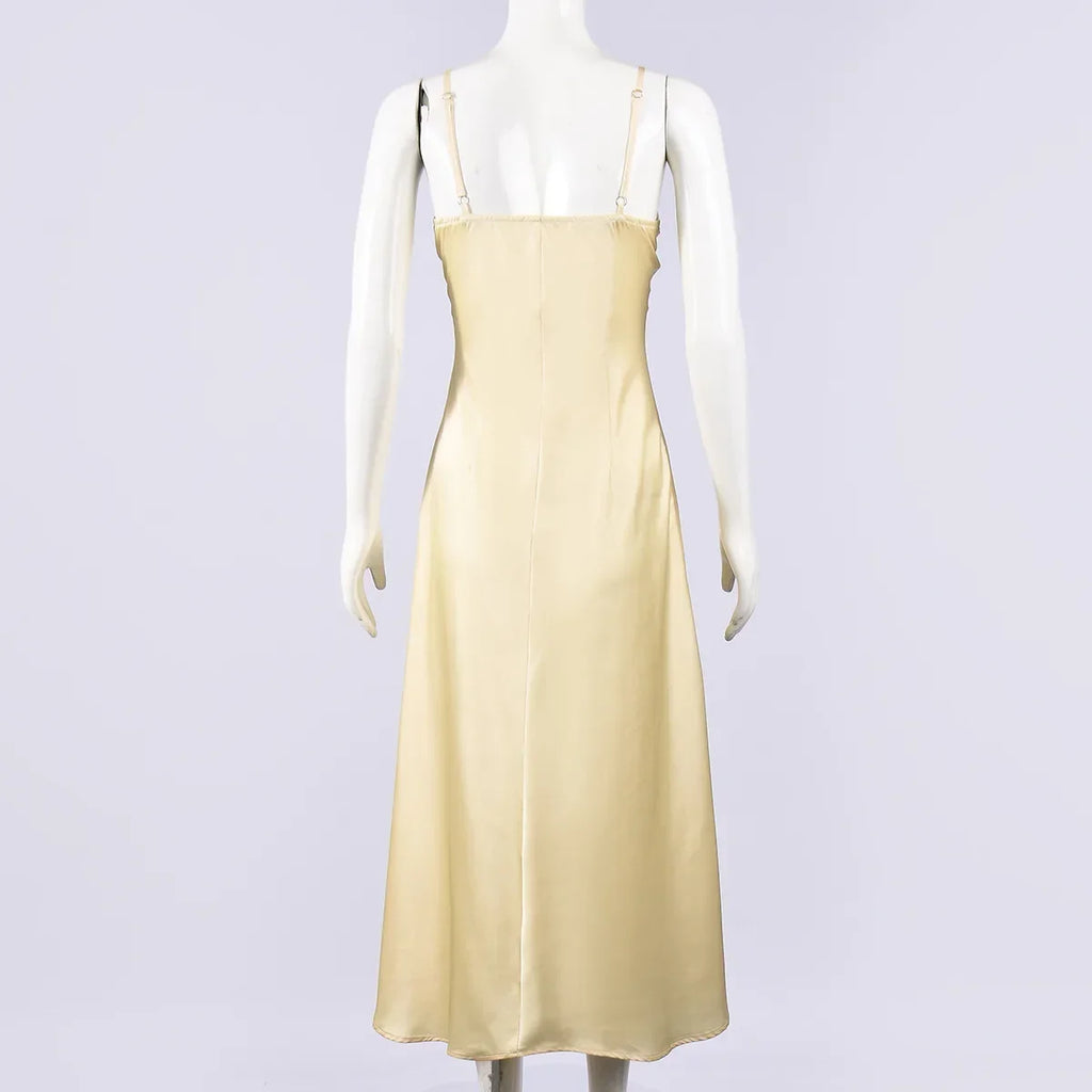 Yellow V Neck Satin Lace Patchwork Maxi Dress Chic Spaghetti Strap Backless Slip Robe 2026 Summer New Lady Beach Holiday Vestido