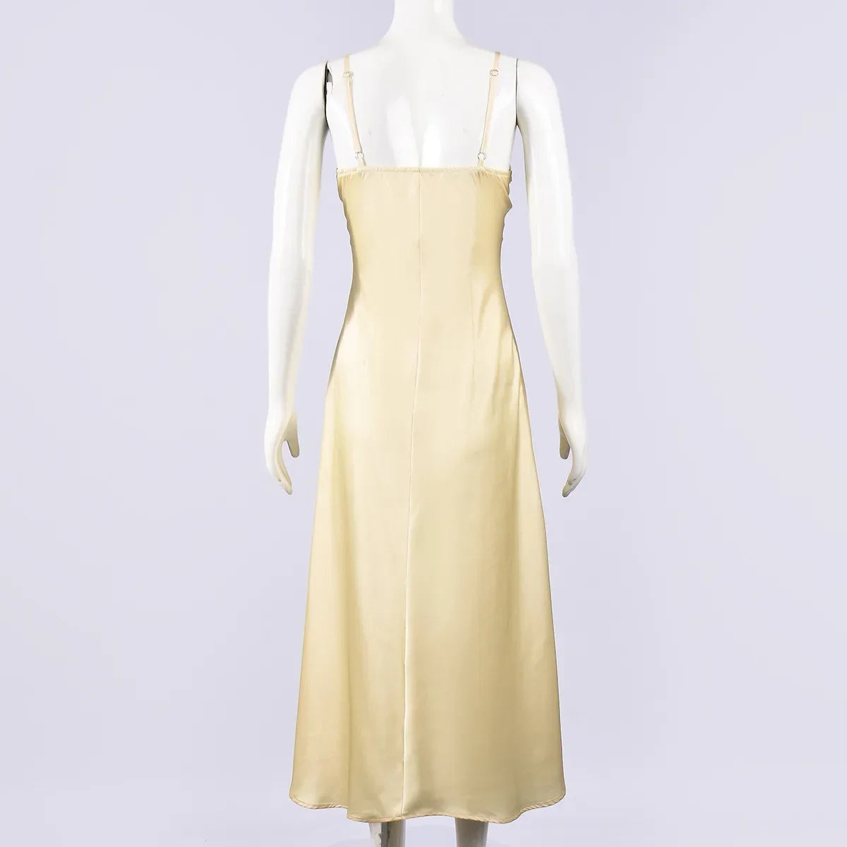 Yellow V Neck Satin Lace Patchwork Maxi Dress Chic Spaghetti Strap Backless Slip Robe 2026 Summer New Lady Beach Holiday Vestido