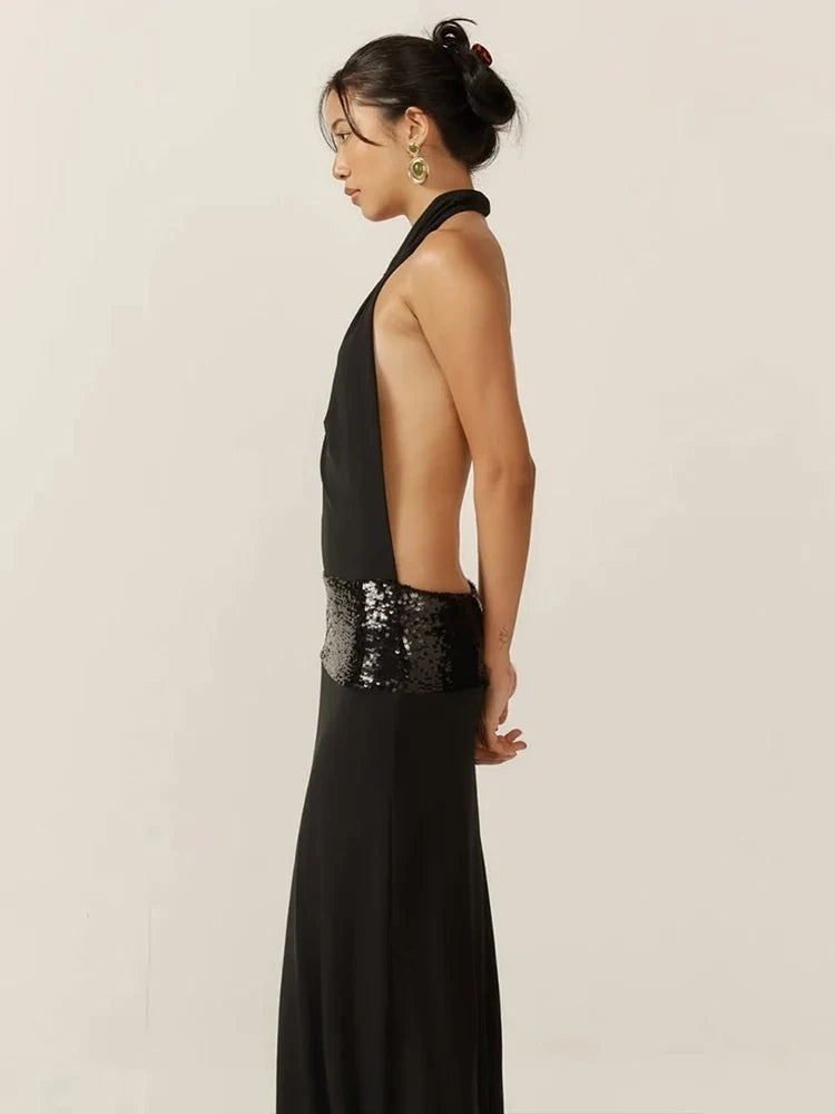 Backless Fashion Dresses Elegant Halter Patchwork Draped Maxi Bodycon Female Solid Simple Evening Party Frock New