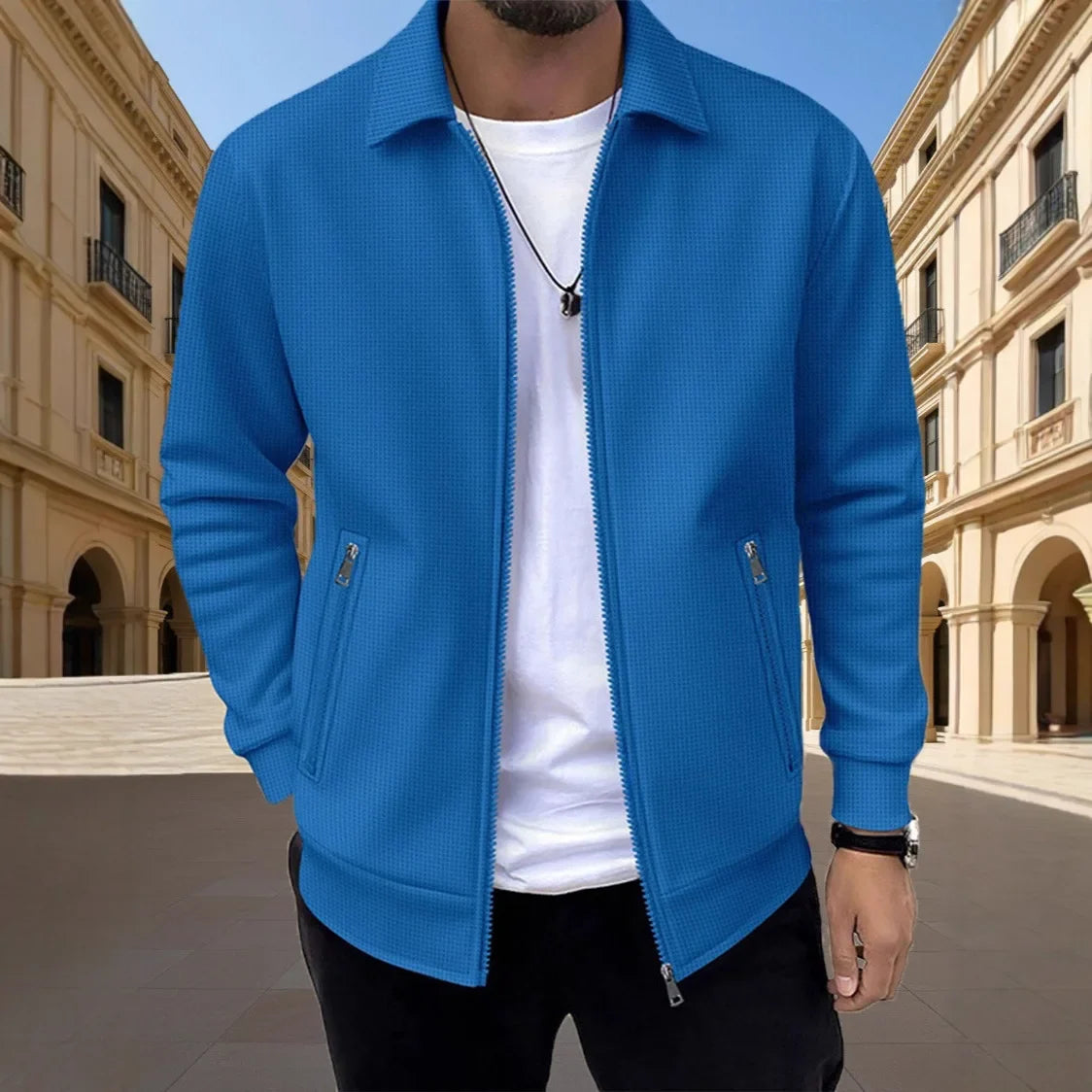 Men's Slim-fit Cardigan Solid-color Lapel Waffle Texture Zipper Pocket Casual Spring/Autumn 2025 Fashion