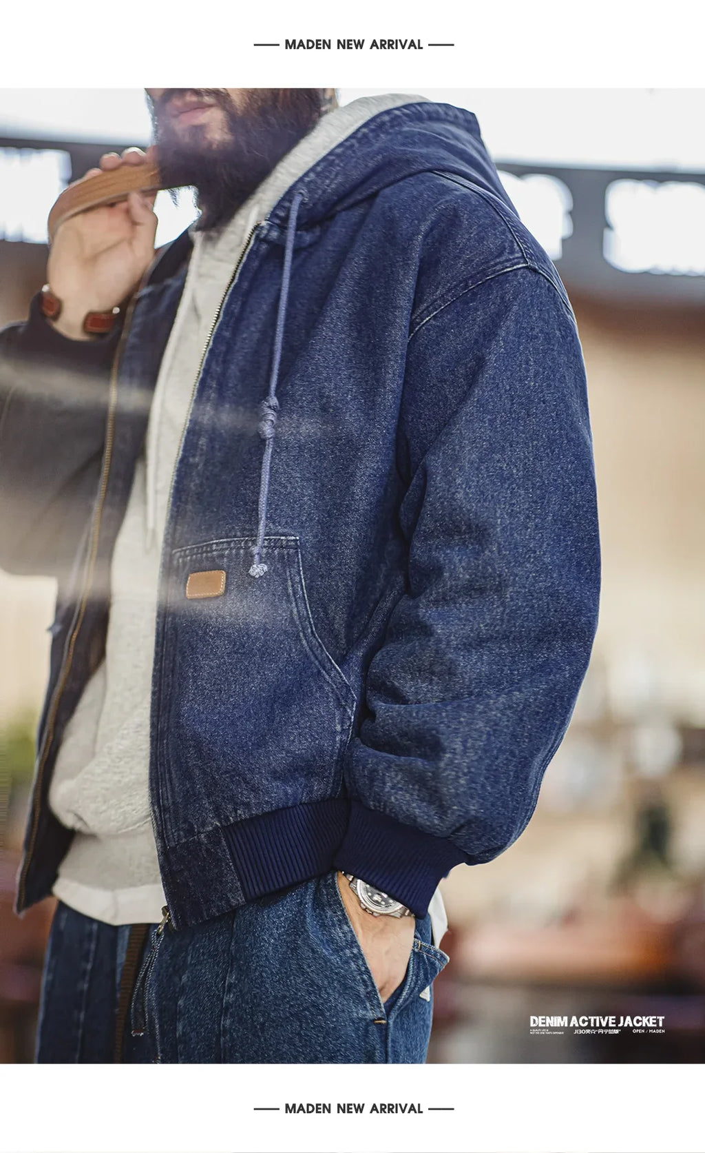 Retro Men's J130 10.5oz Denim Jacket Heavyweight Washed Aged Hooded Jacket Zipper Work Coat with Large Pockets for Fall