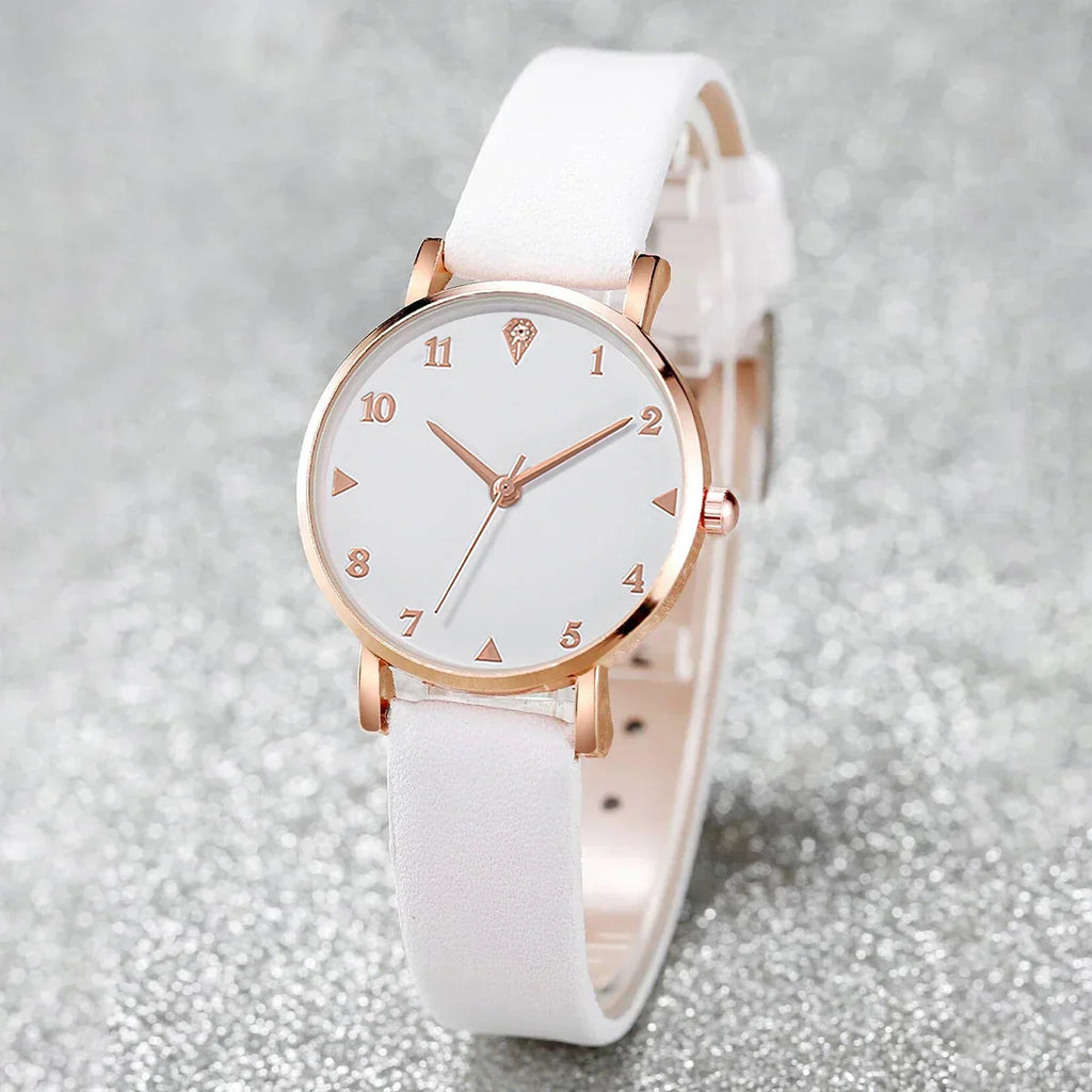 6PCS/Set Fashion Women's Watch Leather Band Quartz Watches Double Heart Jewelry Set(Without Box)