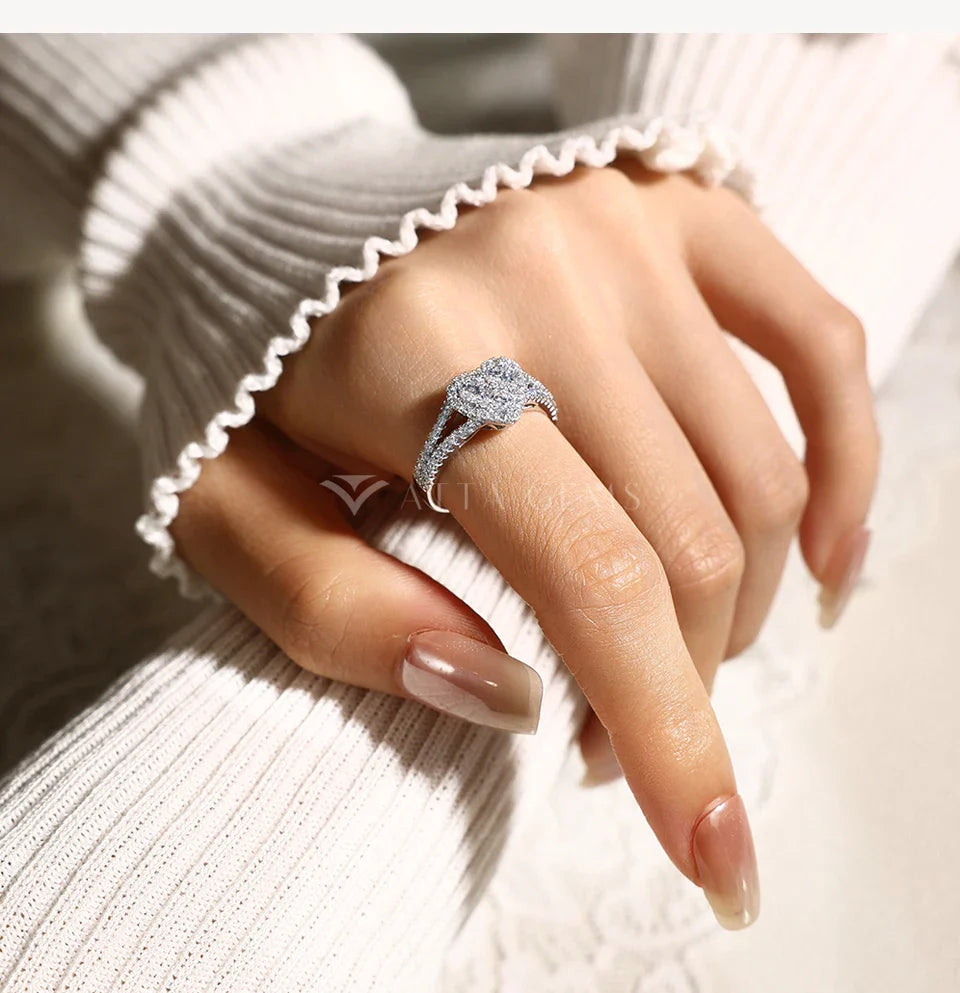 Three Stone Heart Halo Moissanite Ring for Women Round Cut S925 Silver Half Enternity Wedding Band Holiday Gift Jewelry