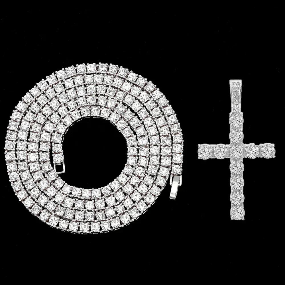 Hip Hop Iced Out Cross Pendant Necklace Strap 4mm Zircon Tennis Chain Men Women Sparkling Necklace Punk Jewelry Fashion Gift