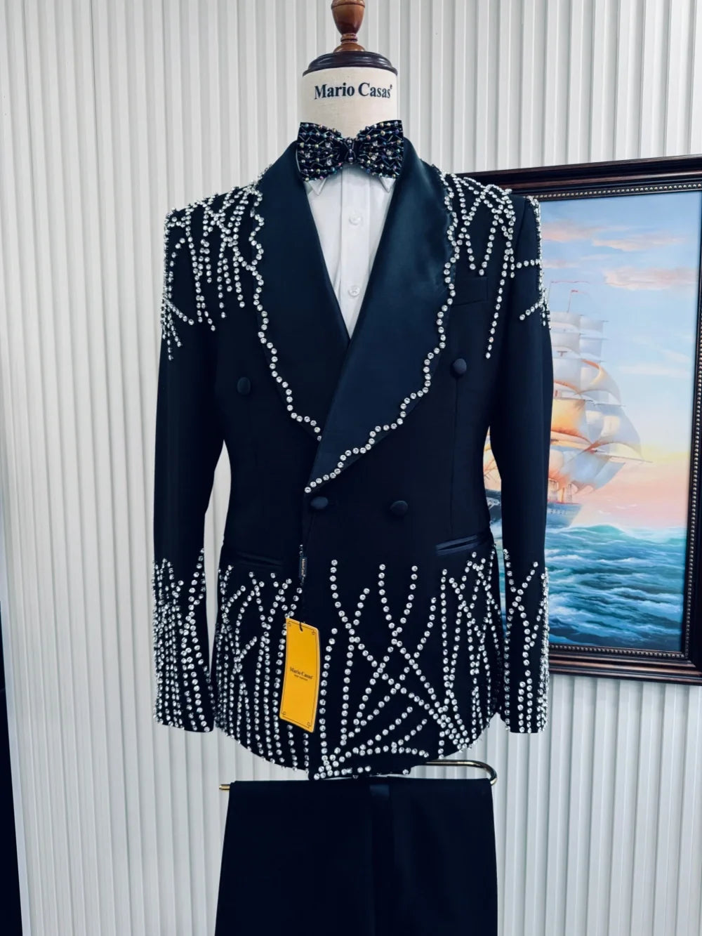Men's Silver Beaded Suit Set 2 Pieces Formal Party Wear Premium Double Breasted Tuxedo For Men Elegant Slim Fit Suits S-3XL