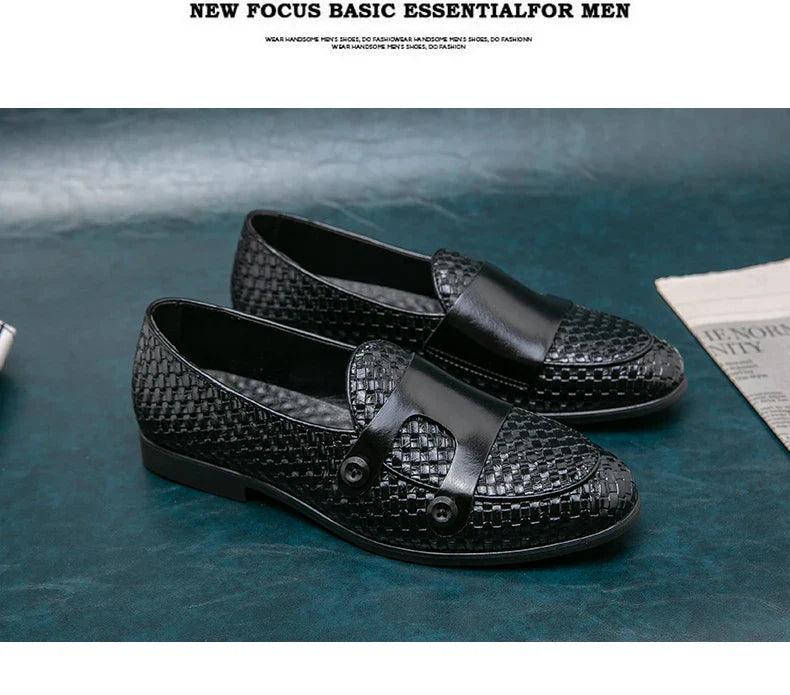 British Style Weave Pattern Microfiber Leather Monk Shoes Mens Buckle Party Wedding Loafers Moccasins Men Driving Flats
