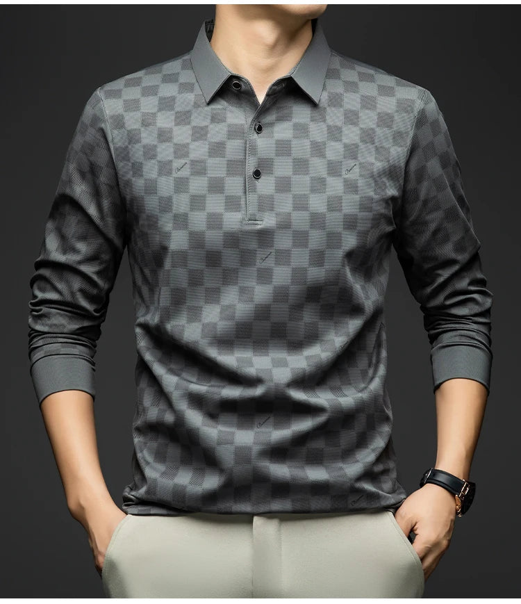 Polo Shirts for Man Autumn Business Slim Fit Long Sleeve T Shirt Men 2026 New Casual Loose Pullover Plaid Men Tops & Tees