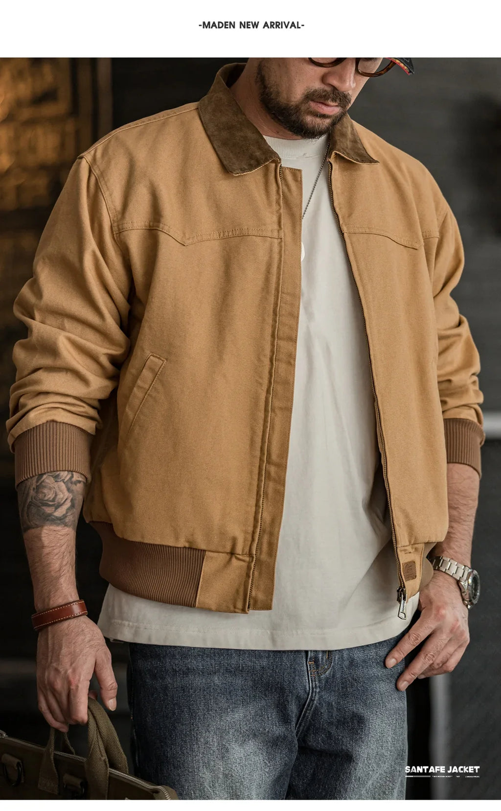 Retro Heavyweight Santafe Canvas Jackets Cotton Corduroy Lapel Ribbed Hem Cuffs Short Jacket for Men's Autumn Overcoat