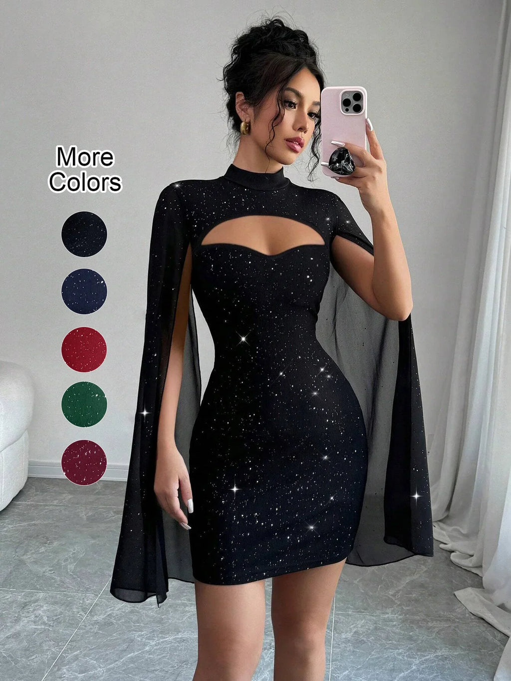 Sexy Women's Stand Collar Cape Mini Dress Sequins Sparkling Club Party Night Out Fitted Bodycon Elegant Autumn Winter