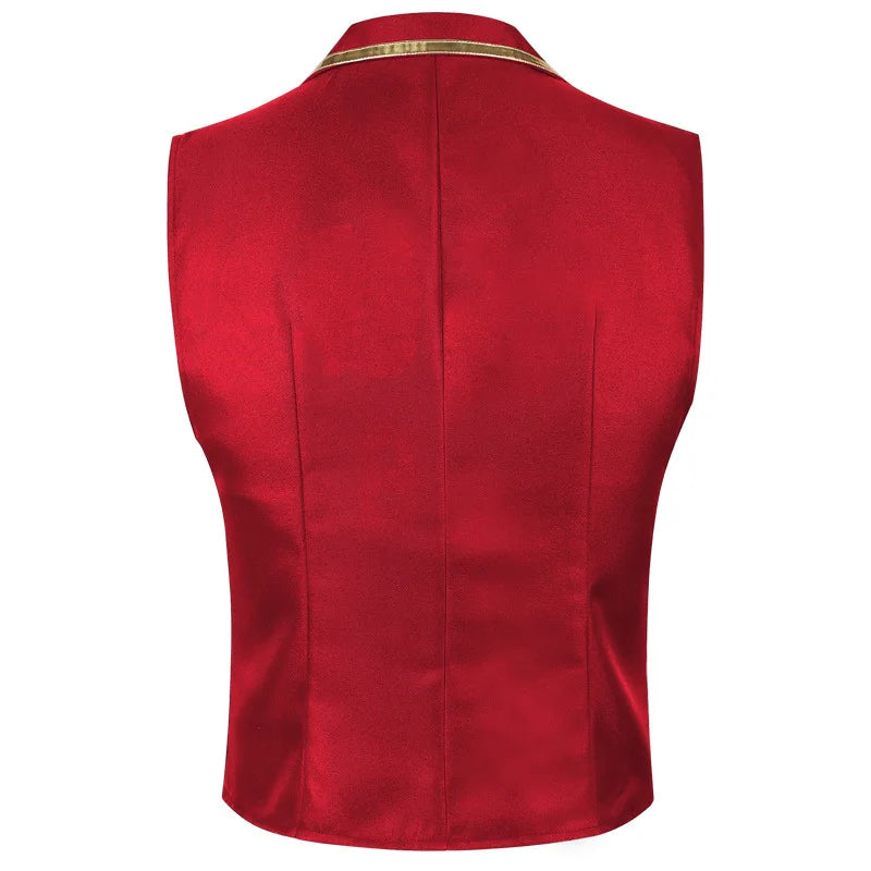 British Style Men Red Sleeveless Vest Jacket, Thin Single Button V-neck Waistcoat, Gold Striped Patchwork.