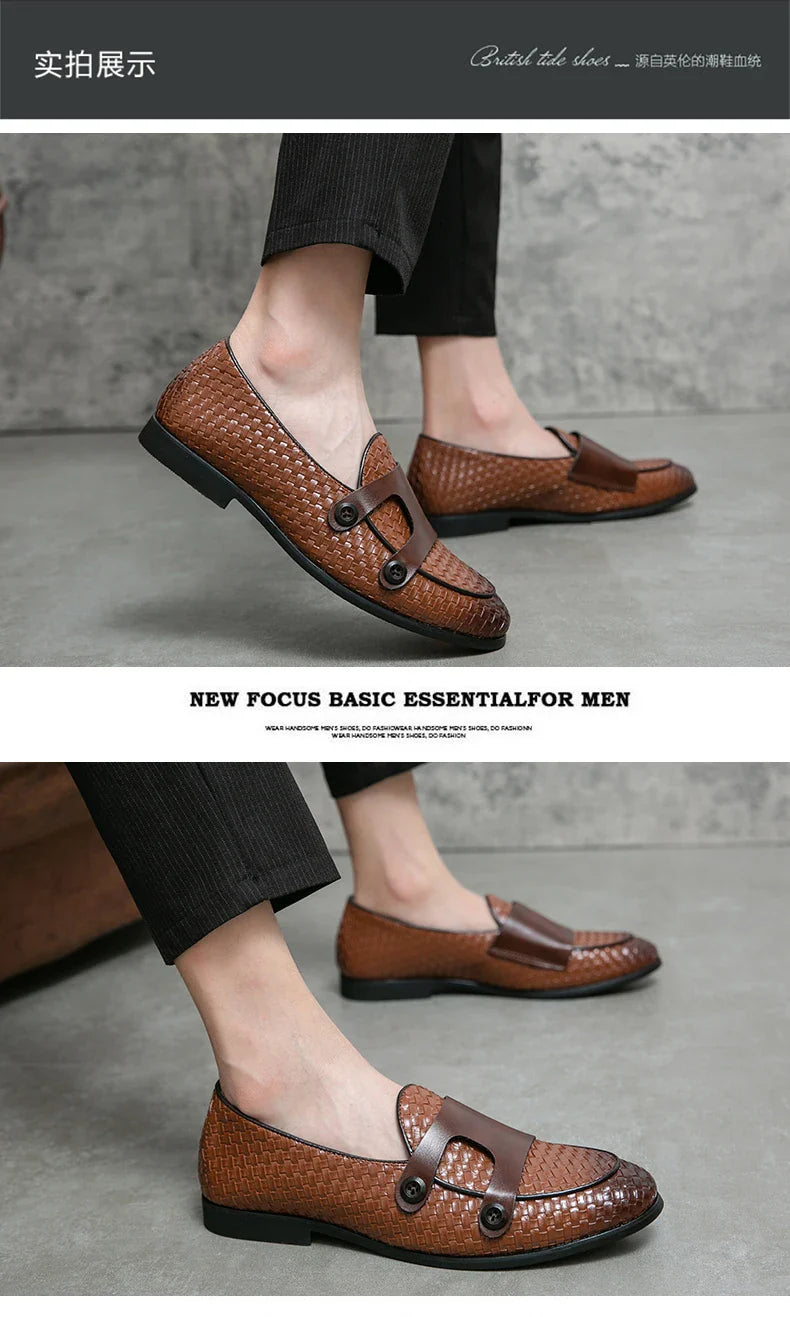 British Style Weave Pattern Microfiber Leather Monk Shoes Mens Buckle Party Wedding Loafers Moccasins Men Driving Flats