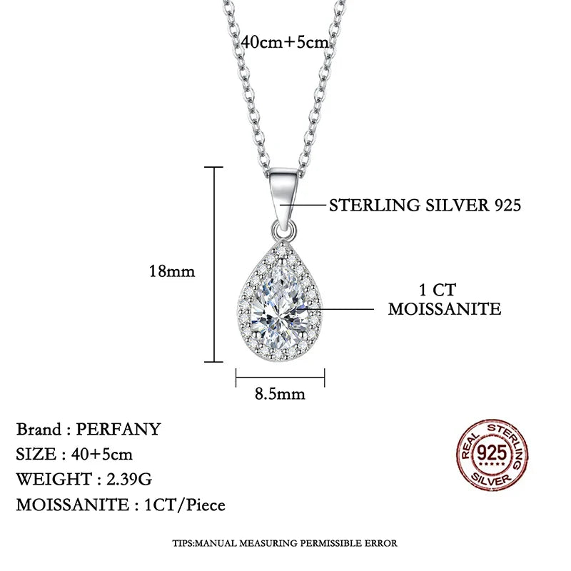 1CT Pear Cut Moissanite Necklace for Women S925 Pure Silver Sparkling Diamond Pendant Luxury Jewelry Party Gift
