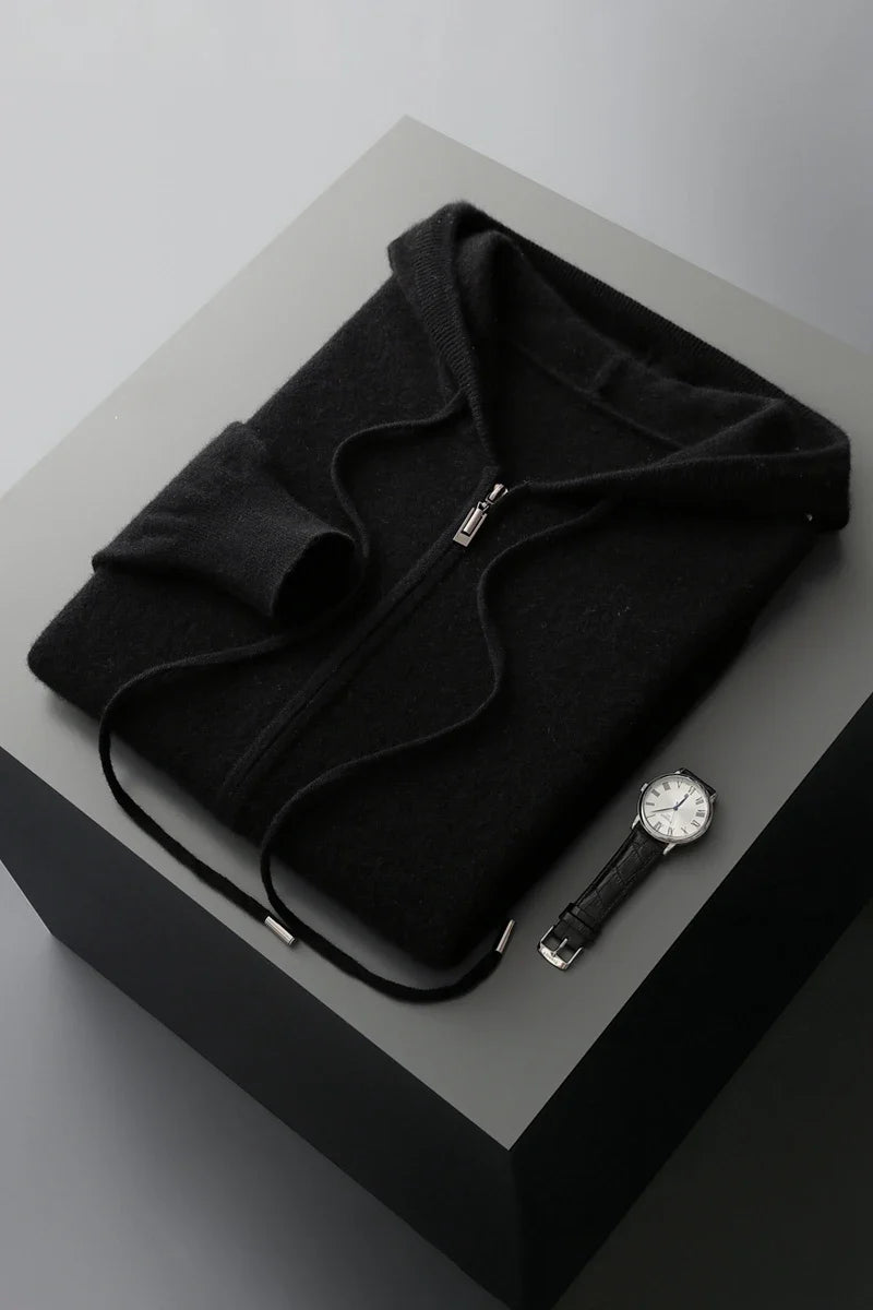 2025 New Men Knitted Plane Hooded Cardigan Cashmere Sweater Zipper Design Pocket Decoration High quality Thick Warmth Hoodie